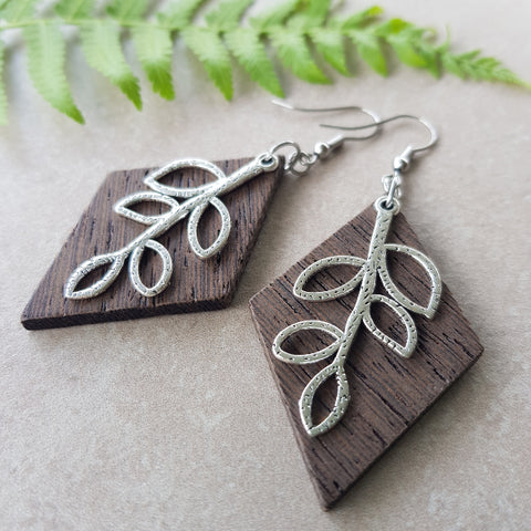 Diamond & Leaf - Dark Wood Earrings